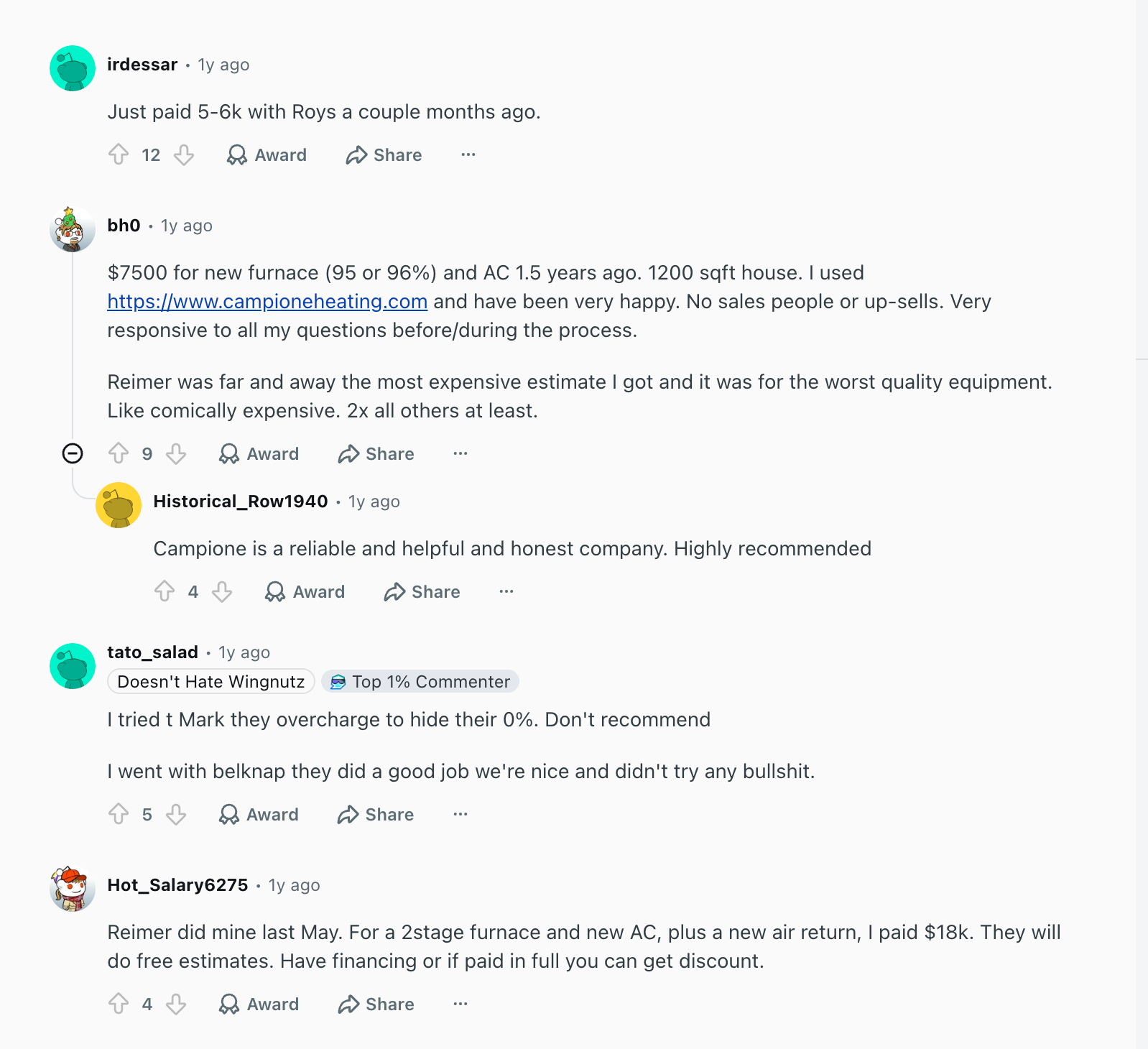 Reddit comments recommending and criticizing local HVAC companies