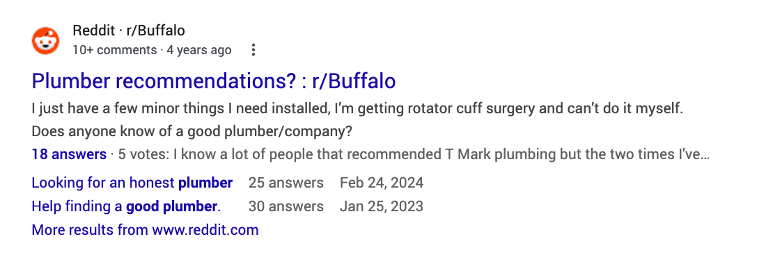 Reddit plumber recommendations thread in Google results